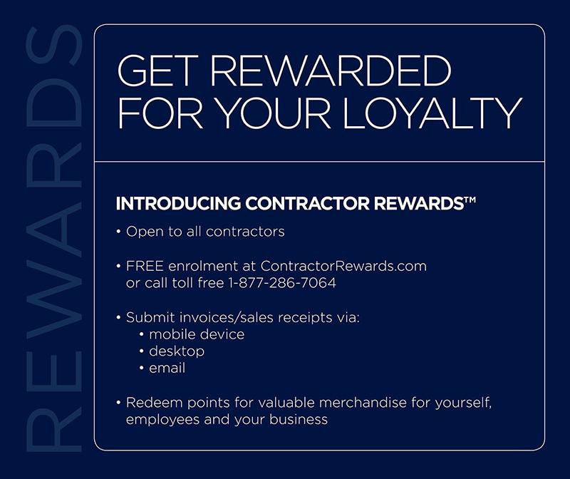 graphic with dark blue background, and bullets points explaining the rules of contractor rewards. Open to all contractors, FREE enrollment, and redemption of point for valuable merchandise.