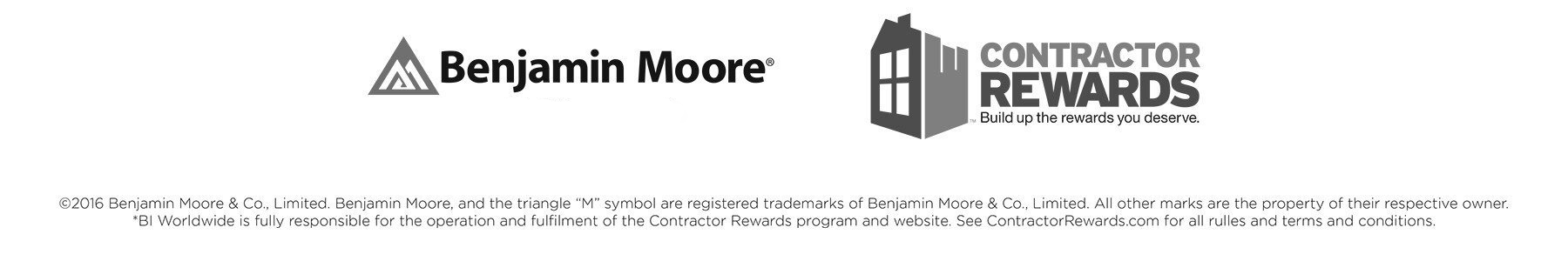 black and white graphic which contains the Benjamin Moore Paint logo and the Contractor Rewards logo side-by-side