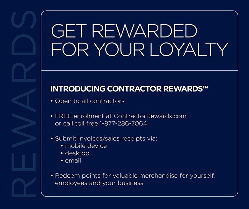 graphic with dark blue background, and bullets points explaining the rules of contractor rewards. Open to all contractors, FREE enrollment, and redemption of point for valuable merchandise.