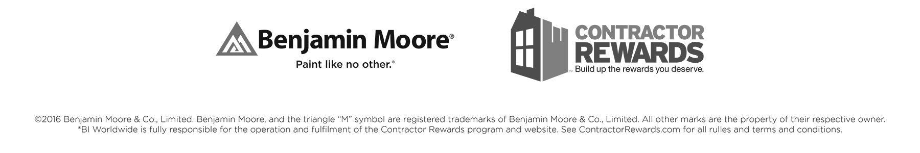 black and white graphic which contains the Benjamin Moore Paint logo and the Contractor Rewards logo side-by-side