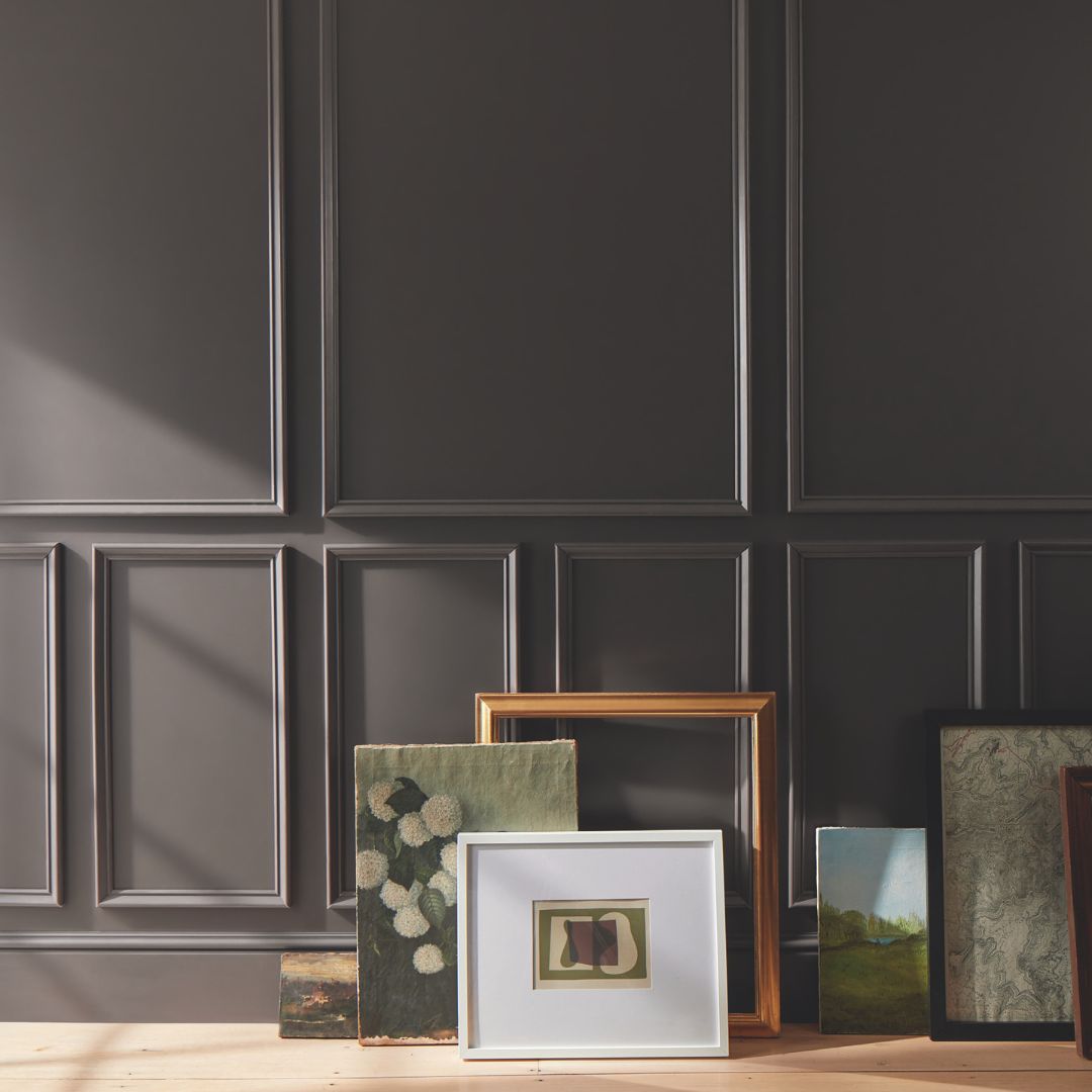 Framed artworks on a wooden surface against a dark paneled wall. Benjamin Moore 2026 Color of the year Silhouette AF-655