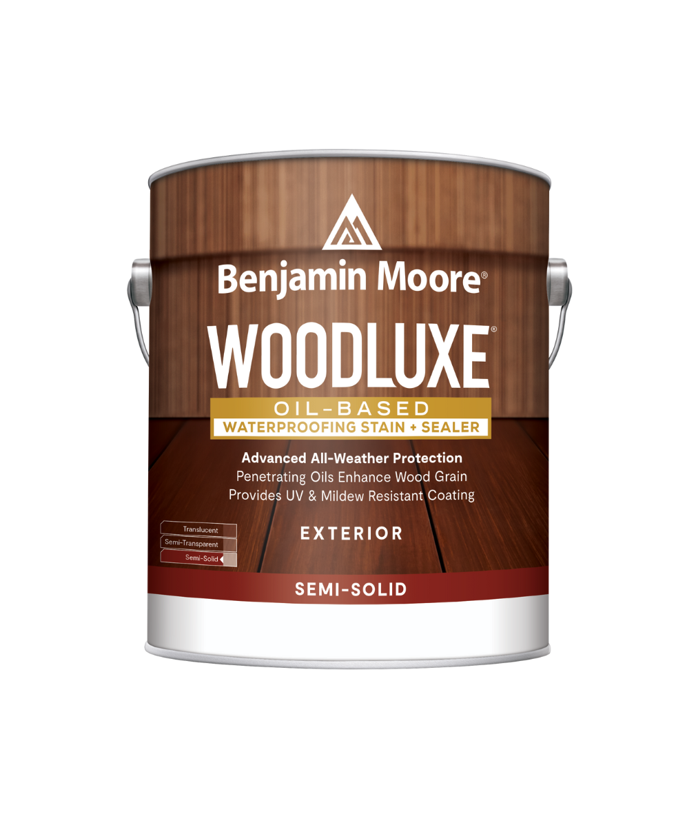 Benjamin Moore Woodluxe® Oil-Based Semi-Solid Exterior Stain available at Anderson Paint Company in Ann Arbor Michigan.