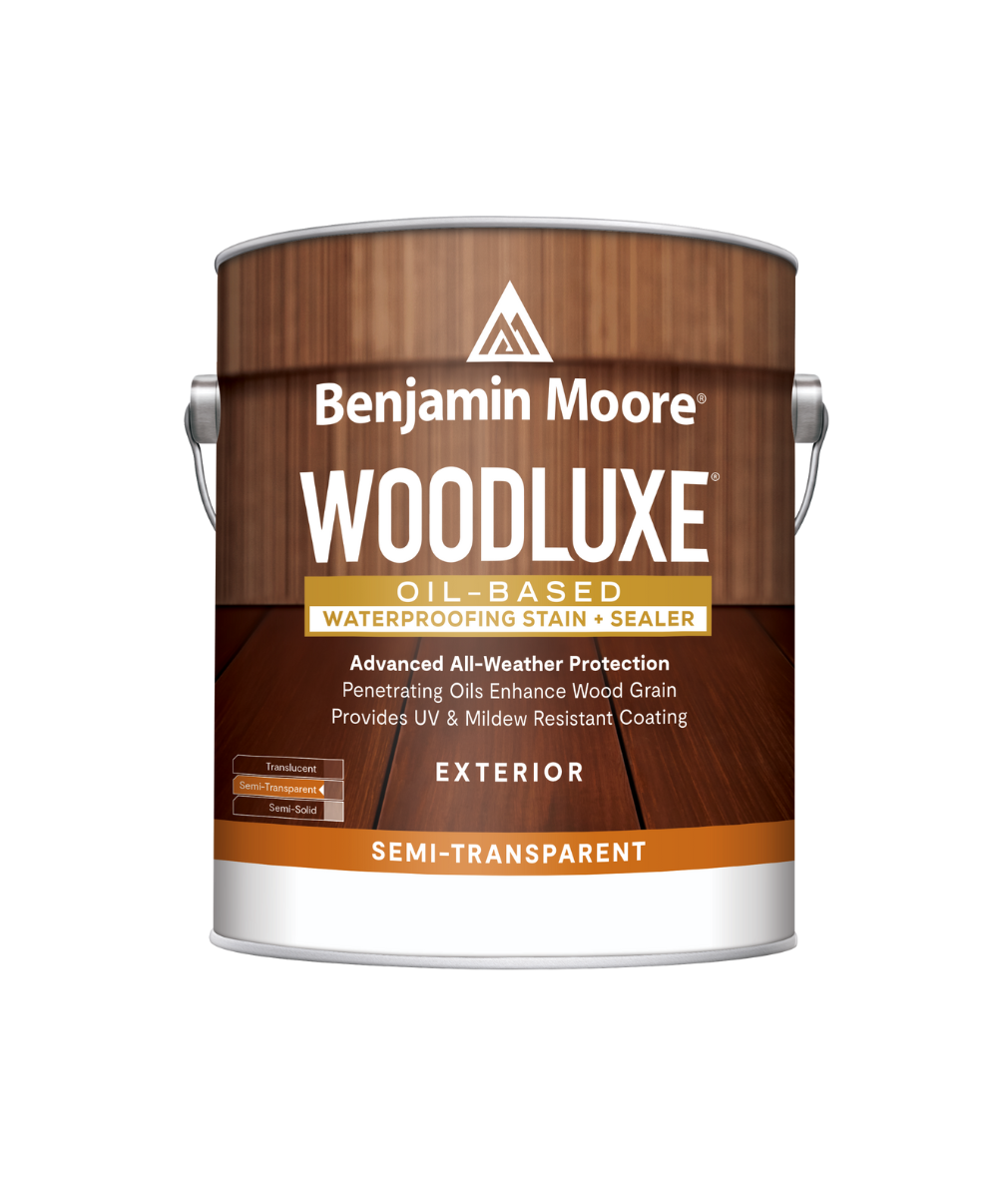 Benjamin Moore Woodluxe® Oil-Based Semi-Transparent Exterior Stain available at Anderson Paint Company in Ann Arbor Michigan.