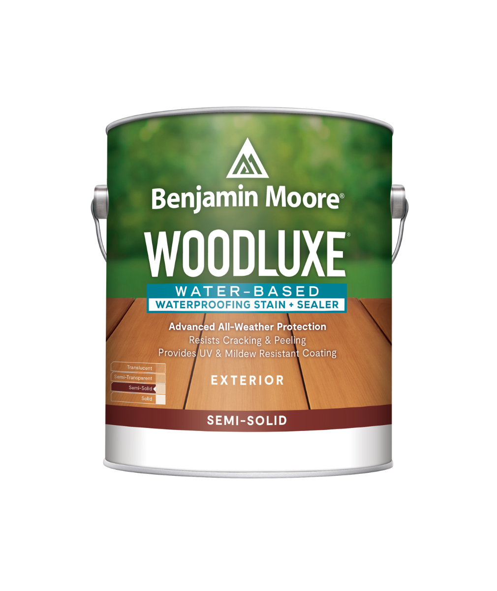 Benjamin Moore Woodluxe® Water-Based Semi-Solid Exterior Stain available at Anderson Paint Company  in Ann Arbor Michigan. 