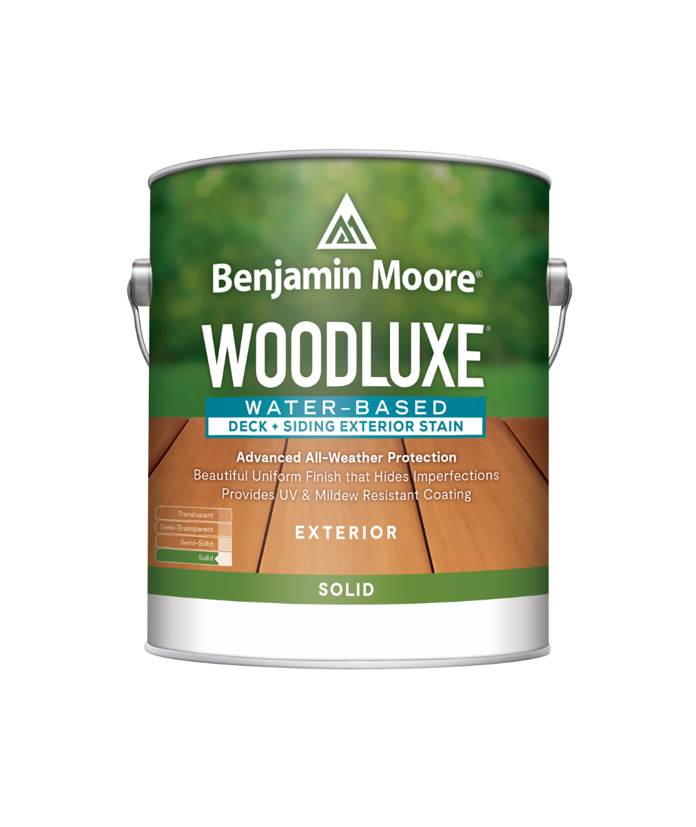 Benjamin Moore Woodluxe® Water-Based Solid Exterior Stain available at Anderson Paint Company  in Ann Arbor Michigan.