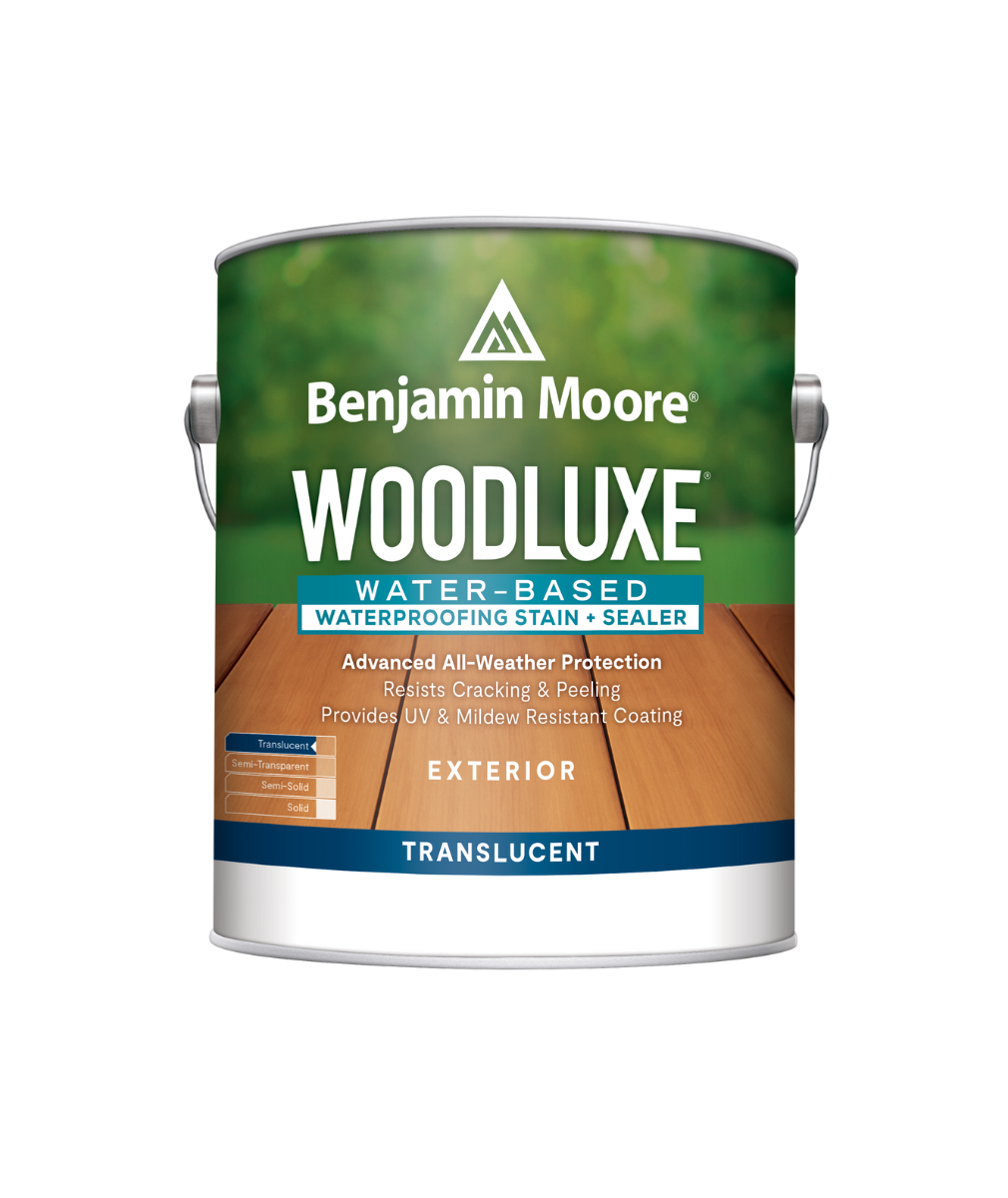 Benjamin Moore Woodluxe® Water-Based Translucent Exterior Stain available at Anderson Paint Company  in Ann Arbor Michigan. 