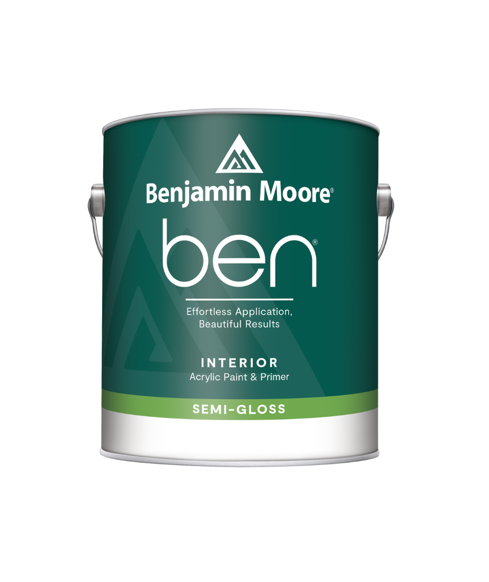 Benjamin Moore ben interior paint in semi-gloss, available at Anderson Paint Company in Ann Arbor Michigan.