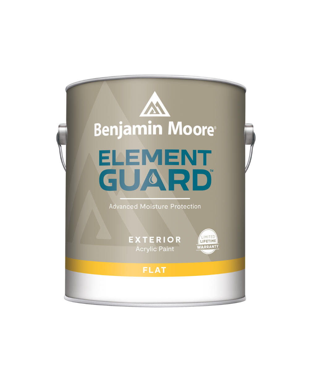 Benjamin Moore&#39;s Element Guard Exterior Flat Paint with Advanced Moisture Protection available at Anderson Paint in Ann Arbor Michigan